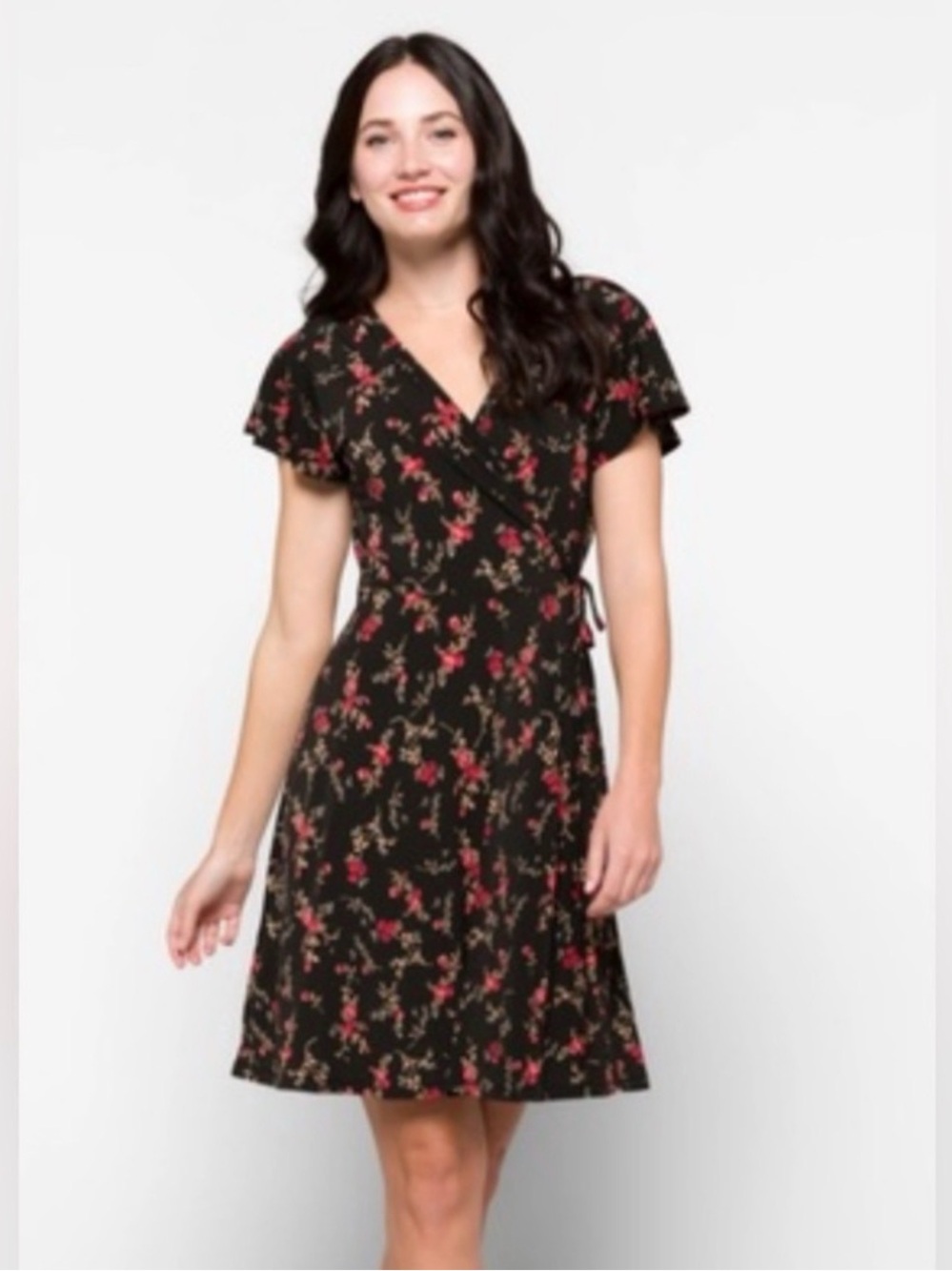 Kaileigh Black Wrap Dress with Red Floral Print